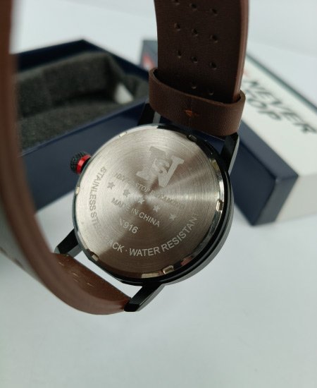 Never Stop Hidden Brown Leather Strap Men's Watch