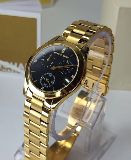 Michael Kors Black Ladies Watch MK3205 Yellow Gold