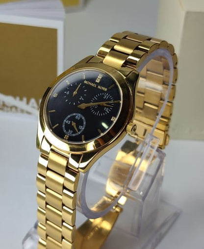 Michael Kors Black Ladies Watch MK3205 Yellow Gold