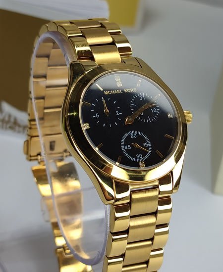 Michael Kors Black Ladies Watch MK3205 Yellow Gold