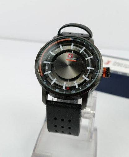 Never Stop Hidden Black Leather Strap Men's Watch