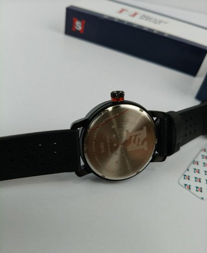 Never Stop Hidden Black Leather Strap Men's Watch