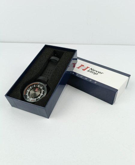 Never Stop Hidden Black Leather Strap Men's Watch