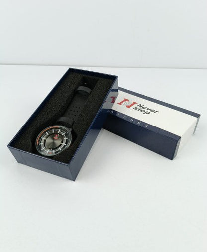 Never Stop Hidden Black Leather Strap Men's Watch