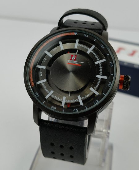 Never Stop Hidden Black Leather Strap Men's Watch