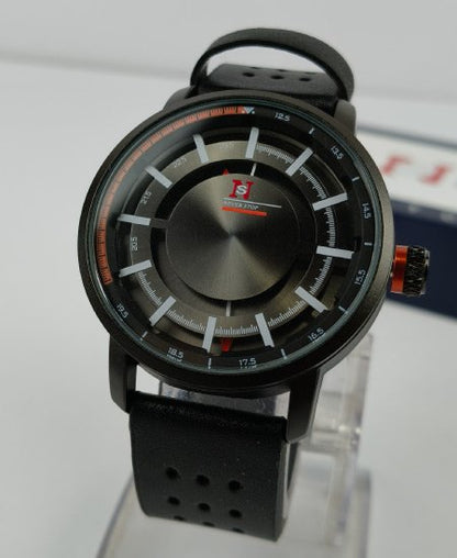 Never Stop Hidden Black Leather Strap Men's Watch