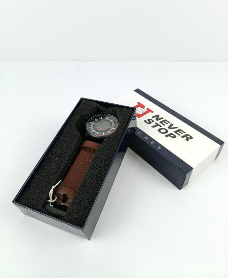 Never Stop Hidden Brown Leather Strap Men's Watch