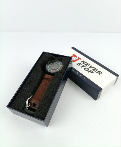 Never Stop Hidden Brown Leather Strap Men's Watch