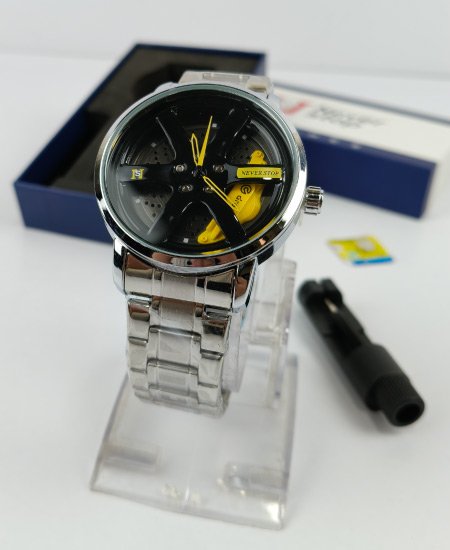 Never Stop Silver Yellow Wheel Men's Watch