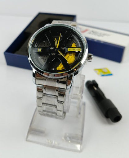 Never Stop Silver Yellow Wheel Men's Watch