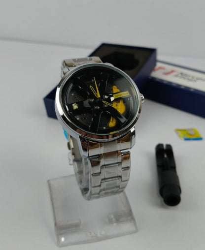 Never Stop Silver Yellow Wheel Men's Watch