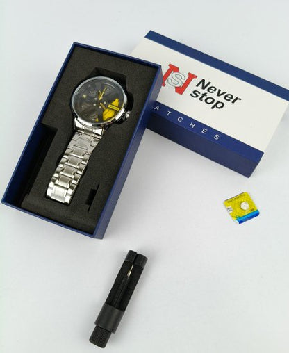 Never Stop Silver Yellow Wheel Men's Watch