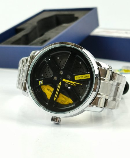 Never Stop Silver Yellow Wheel Men's Watch