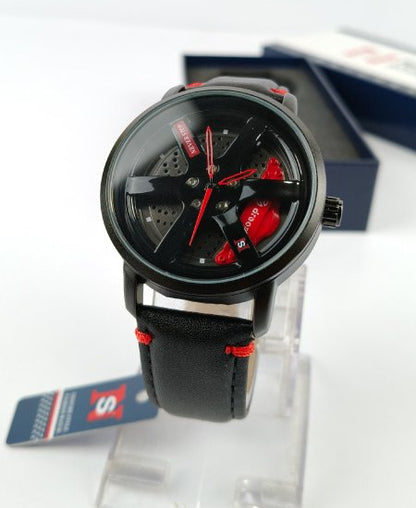 Never Stop Wheel Black Leather Strap Men's Watch
