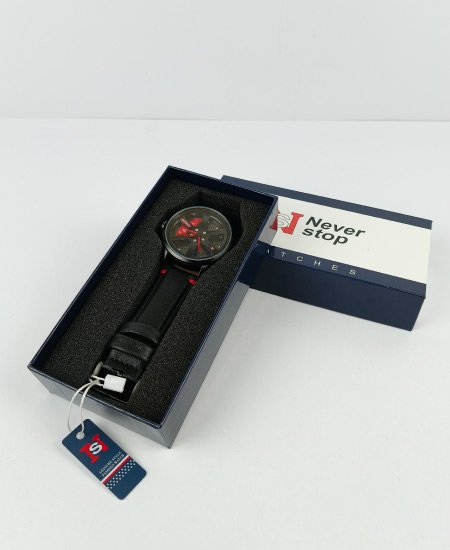 Never Stop Wheel Black Leather Strap Men's Watch