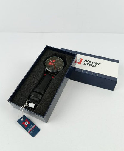 Never Stop Wheel Black Leather Strap Men's Watch