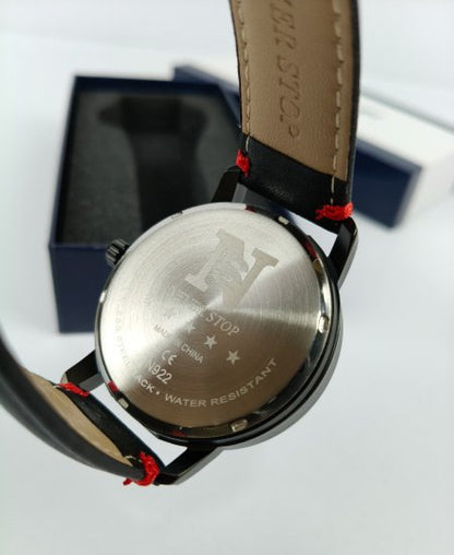 Never Stop Wheel Black Leather Strap Men's Watch