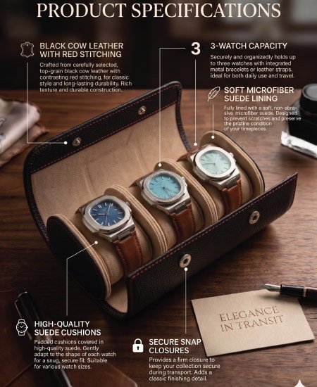 1.1 Luxury 3-Slot Watch Travel Case – Premium Leather Organizer