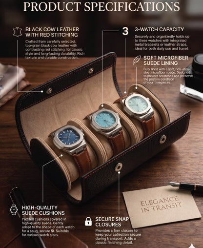 1.1 Luxury 3-Slot Watch Travel Case – Premium Leather Organizer