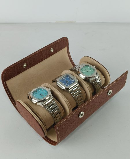 1.1 brown 3-Slot Watch Travel Case – Premium Leather Organizer