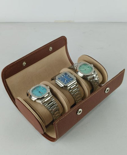 1.1 brown 3-Slot Watch Travel Case – Premium Leather Organizer