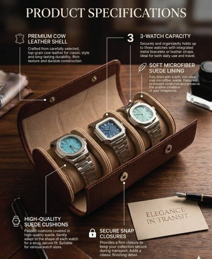 1.1 brown 3-Slot Watch Travel Case – Premium Leather Organizer